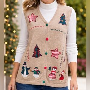 Merry & Bright Vintage Women's Size L Christmas Tan Sweater Vest Snowmen Trees